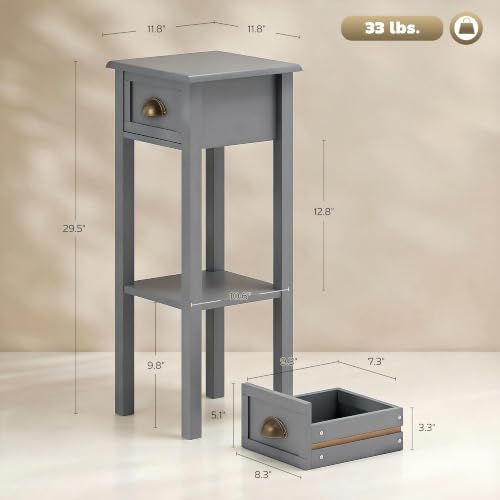 HOMCOM Narrow End Table with Drawer and Bottom Shelf Set of 1 Gray