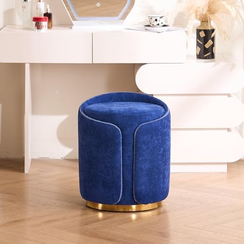 Swivel Vanity Stool with Back Comfy Vanity Chair with Gold Base Modern Round Stool for Makeup Vanity Ottoman Foot Rest for Bedroom livingroom (Navy)
