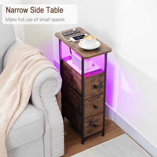 LOAKEKEL Narrow End Table with Charging Station, Small Nightstand
