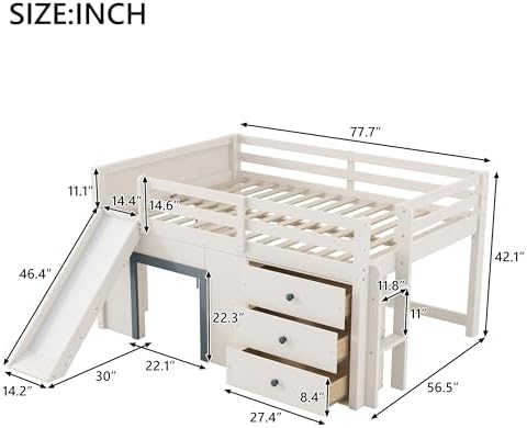 Bellemave Full Low loft Bed for Kids,Wood Modern Farmhouse Full Loft Bed with Slide and Drawer Storage, Beige+Grey