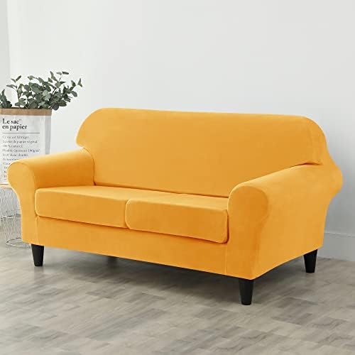 OBCREAT 3 Pieces Sofa Slipcover Stretch Velvet Sofa Covers for 2 Cushion Couch Loveseat Covers Soft Couch Cover with Elastic Bottom Non Slip Furniture Protector for Pets Kids (Gold, Medium)