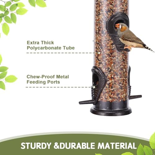 Metal Bird Feeder Tube Hanging Wild Bird Seed Feeder Aluminum Six Port Bird Feeders,1.4 mm Extra Thick Solid Tube Transparent with Steel Hanger Great for Attracting Birds (Coffee 2PK)