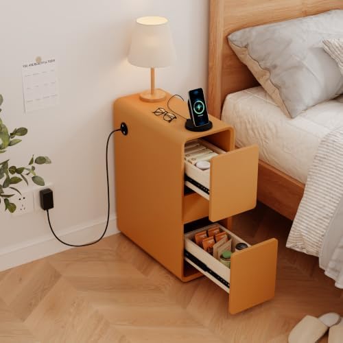 BOSHIRO 8″Narrow Nightstand, Slim Bedside Tables for Small Bedroom, Orange