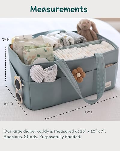 Baby Diaper Caddy Organizer, Wipeable Diaper Organizer Basket with 8 Pockets for Newborn Essentials, Nursery Tote Bag for Changing Table & Car Organization (Willow Green, Large)