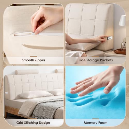 King Headboard with 2 Headrests, Memory Foam Upholstered Headboard