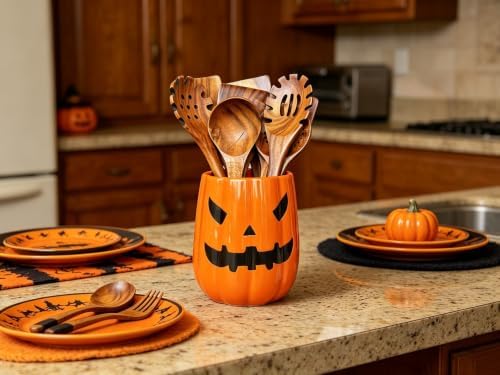 Large Ceramic Kitchen Utensil Holder for Kitchen Counter & Countertop Cooking Utensil Holder Spatula Holder Utensil Crock for Counter Halloween Kitchen Deco and Accessories (Pumpkin with Pattern)