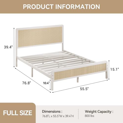 IMMERSTABLE Rattan Full Size Bed Frame with Headboard, Boho Full Metal Platform Bed Frame with Steel Slats, Under Bed Storage, Rounded Corners, No Box Spring Needed, Quiet Design, Easy Assembly, White