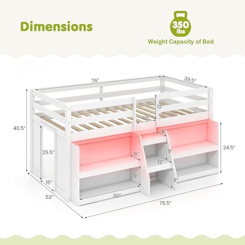 GIANTEX Twin Loft Bed with LED Lights, Wooden Loft Bed Twin Size with Stairs & Safety Guardrail, Low Loft Bed for Kids with Storage Bookcase and Under-Bed Play Space, White