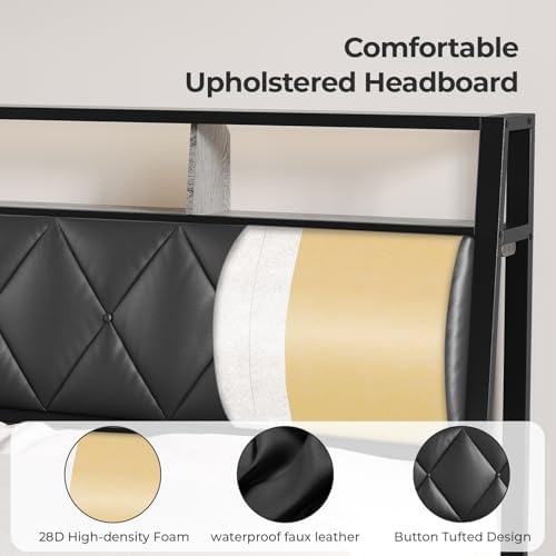 Headboard Full Size with Storage, Charging Station & Lights, Black