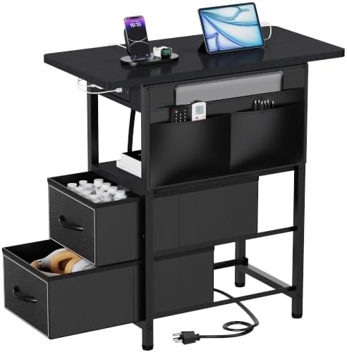 Yenlure Small Side Table with Charging Station, Narrow Nightstand Bedside Tables with Storage Pocket for Living Room Bedroom, Sofa End Table with USB Ports and Power Outlets for Small Spaces