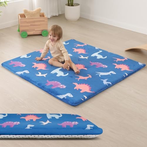 Baby Play Mat for Floor,1.3" Thick Cushioned Playpen Mat 50"x50",Extra Soft Elasti-Foam,Water Repellent Coral Velvet,Non-Slip for Crawling&Tummy Time,Infant Toddler Kids Nursery Rug(Dinosaur)