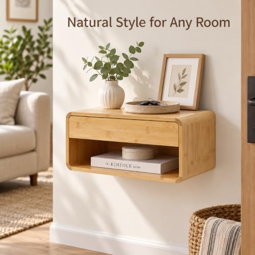 Bamboo Floating Nightstand with Storage Drawer for Living Room Office