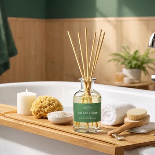 Natural Reed Diffuser Set, Sea Salt & Sage 3.52 oz (100ml) Scented Diffuser with Sticks Home Fragrance Reed Diffuser for Bathroom Shelf Decor, Ideal Gift for Woman