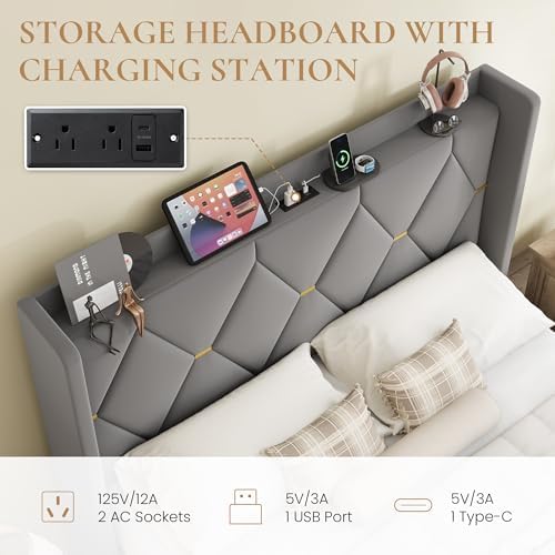 SHA CERLIN Full Size Bed Frame with Storage Headboard & Charging Station