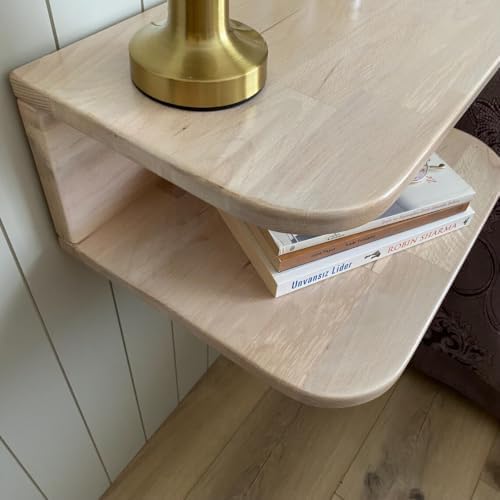 Floating Nightstand Wooden, Solid Alder Wood Bedside Table, Wall Mounted Shelf with LED Option, Slim Side Table with Open Storage, Varnish Finish (Wood White, with LED, 16.0, Inches)