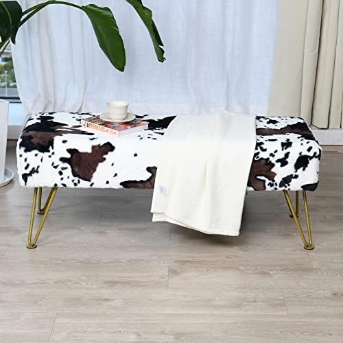 Cow Long Rectangle Faux Fur Ottoman 46"x16"x17" Entryway Bench Soft Furry Footrest Stool Sturdy Accent Seating Bench for Bedroom End of Bed Fuzzy Table Living Room Closet with Golden Legs