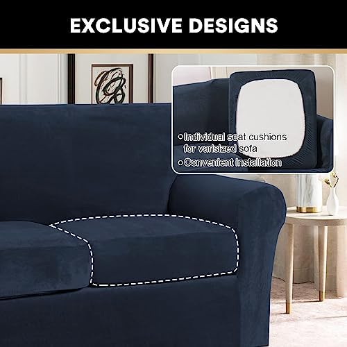 PrinceDeco Velvet Couch Cover Loveseat Covers for 2 Cushion Couch 3 Piece Sofa Covers for Dogs Washable Loveseat Covers Width Up to 72 Inch No Slip Stretch Sofa Slipcover(Medium, Navy)