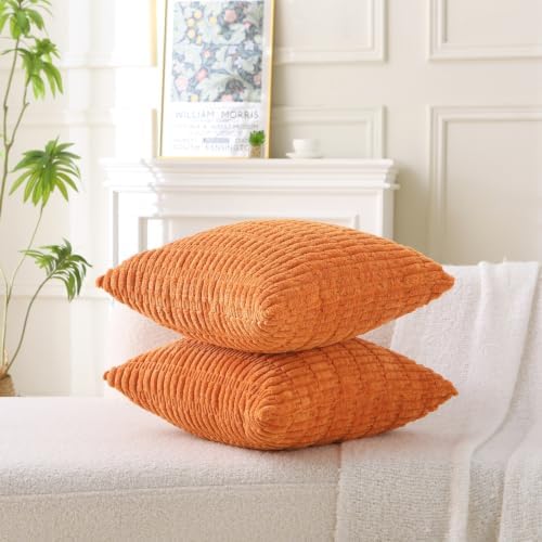 2 Pack Corduroy Decorative Throw Pillow with Inserts, 18x18 Inch Soft Boho Throw Pillow, Square Striped Throw Pillows for Couch, Bed, Sofa Decor