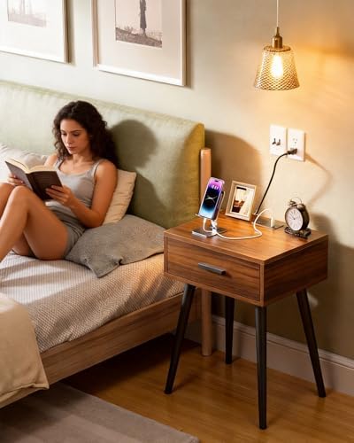 HAIOOU Nightstands Set of 2,Mid century Bedside Table with Charging Station