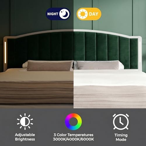 Upholstered Tufting Headboard for King Size Bed with Lights, Green