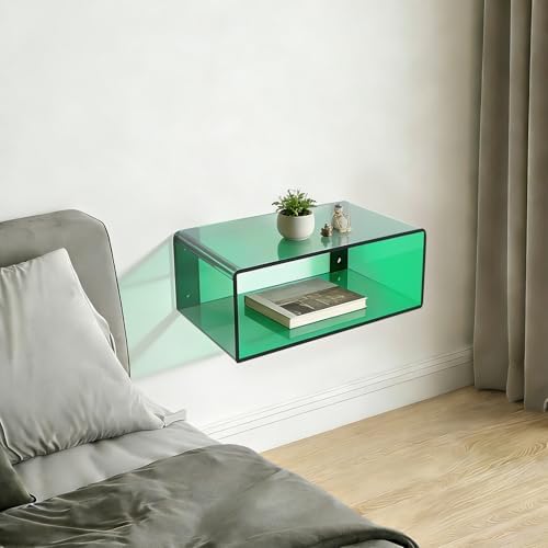 Acrylic Wall-Mounted Nightstand Floating Wall Nightstand Bedside Table Floating Side Table Wall Mounted Clear Shelf for Bedroom Bathroom (Green)