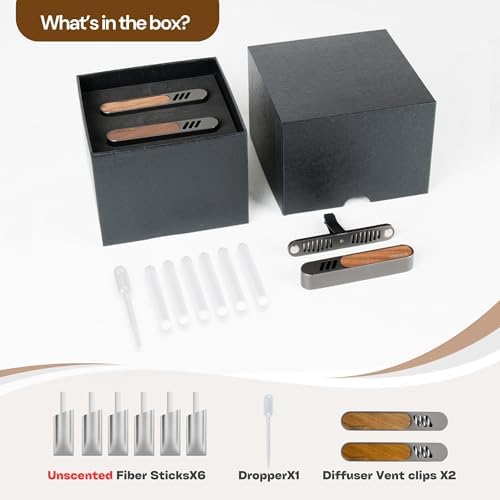 2 Packs Car Air Freshener Diffuser, Essential Oil Diffusers Vent Clip, Perfume Diffuser with 6 Refill Unscent Fiber Sticks, Premium Car Accessories, Metal & Wood design, Custom Scent, Gift For Men