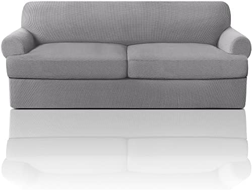 PrinceDeco T Cushion Sofa Slipcover 3 Pieces Sofa Covers for T Cushion Couch Soft Couch Covers Sofa Slip Cover Furniture Covers with 2 Individual T Shape Seat Covers Width Up to 88", Dove