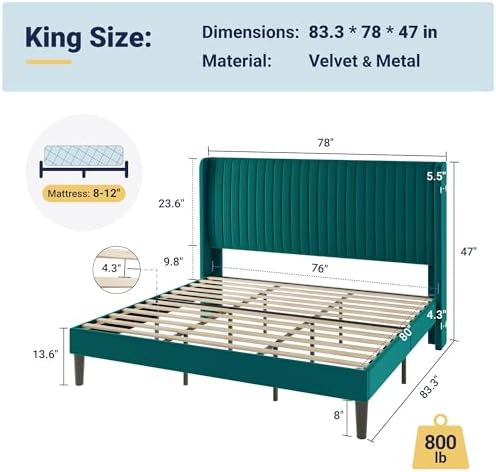 Allewie King Size Bed Frame/Velvet Upholstered Platform Bed/Vertical Channel Tufted Wingback Headboard/Strong Wooden Slats/No Box Spring Needed/Easy Assembly/Teal