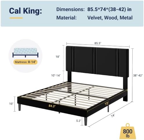 Allewie Cal King Platform Bed Frame with Velvet Upholstered Headboard