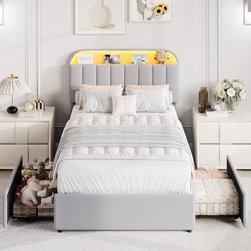 GarveeHome TwinXL Bed Frame, Platform Bed with Storage Headboard & Drawers