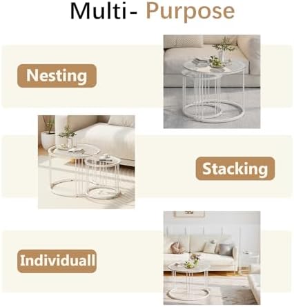 Garden 4 you Nesting Coffee Table, 23.6" Round Coffee Table Set of 2, Glass Nesting Table with Metal Frame, Ceter Tables for Living Room Bedroom Balcony, White