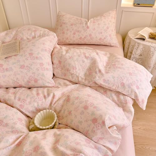 Pink Floral Twin Size Duvet Cover Soft 100% Cotton Double Layer Muslin Comforter Cover Set for Teen Girls Kids,Pink Flower Bedding Set 3 Pieces,Includes 1 Duvet Cover& 2 Pillowcases