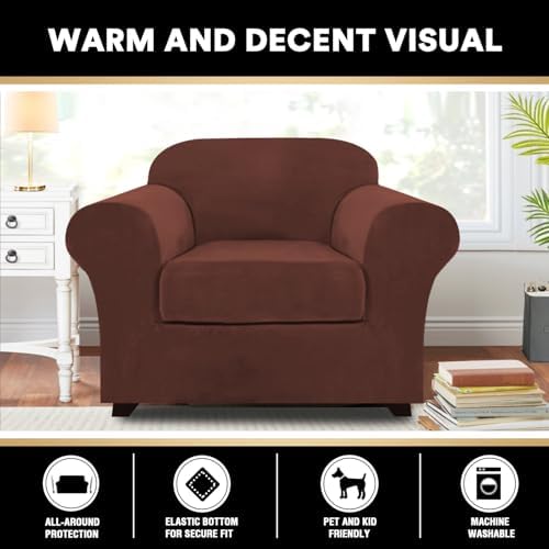 PrinceDeco Velvet Plush Couch Cover Stretch 2 Piece Chair Cover Chair Slipcover Washable Furniture Protector Couch Soft with Elastic Bottom Armchair Cover Width Up to 49 Inch(Small, Burnt Brick)