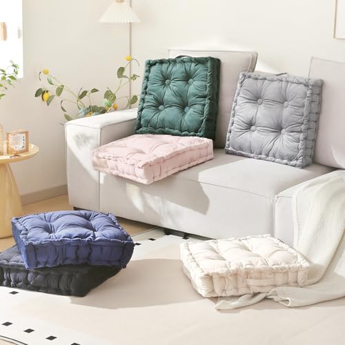 Square Floor Pillows, Large Floor Cushion for Adults Kids, Meditation Floor Pillow Seating Cushion with Shredded Memory Foam and Silk Wadding, 20"x20"x5" Ivory 2 Count