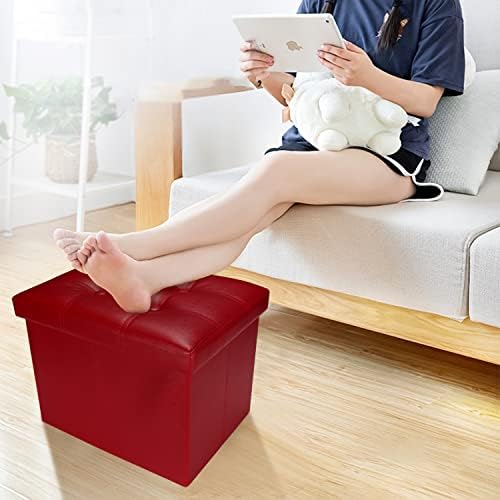 Bsketa Storage Ottoman Bench,17 Inch Folding Leather Foot Rest Stool,Red