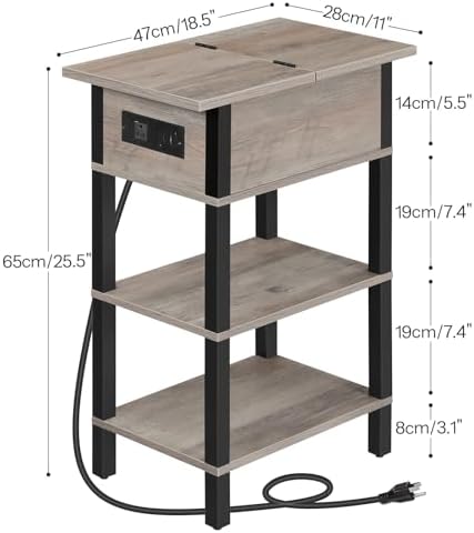 HOOBRO End Table with Charging Station, Flip Top Side Table with USB Ports, Narrow Nightstand Bedside Tables with Storage Shelves, for Small Space, Living Room,Greige and Black BG141UBZ01