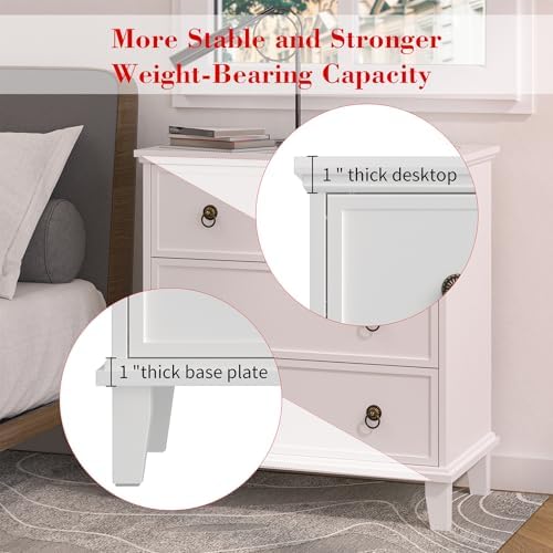 COWMOU White 3 Drawers Nightstand with Charging Station, Large Mid-Century Modern Bedside Table with USB Ports & AC Outlets, Wooden End Table for Bedroom Living Room, 27.6"W x 29.8"H Storage Cabinet