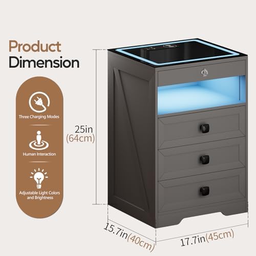 Smart LED Nightstand with Lockable Gun Drawer & Glass Top（Grey）