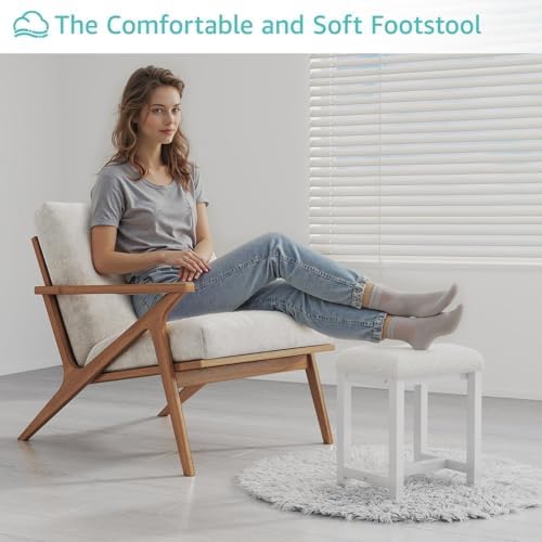 Small Faux Teddy Fur Vanity Stool, Cute Vanity Stools with Cushion, White Makeup Vanity Chair for Small Spaces, Living Room, Bedroom, Bathroom, Entryway, Ottoman Foot Rest for Couch Sillas Modern