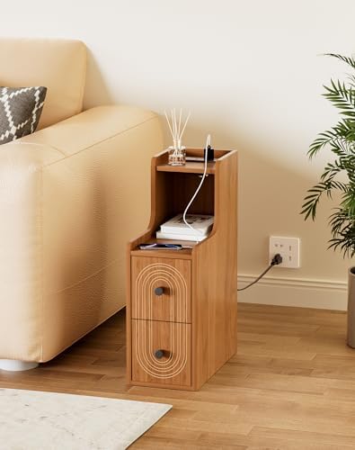 Set of 2 Narrow End Table with Charging Station, Walnut Skinny Bedside Tables with Storage Drawers, Small Side Tables for Small Spaces, Bedroom