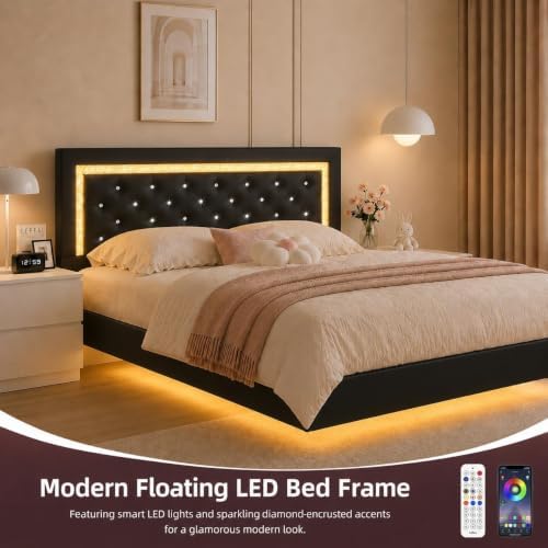 Floating Full Bed Frame, RGB LED Lights, Diamond Tufted Headboard, Black