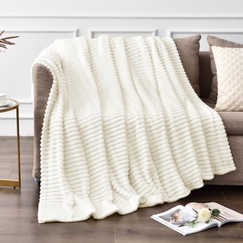 BEDELITE Ribbed Jacquard Cream Fleece Throw Blanket for Couch, 50x60 Inch
