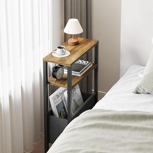 Narrow Side Table, Slim End Table with Magazine Rack, Skinny Bedside Table for Small Spaces, 3 Tier Sofa Couch Table Nightstand for Living Room, Bedroom, Walnut Brown LET503BR