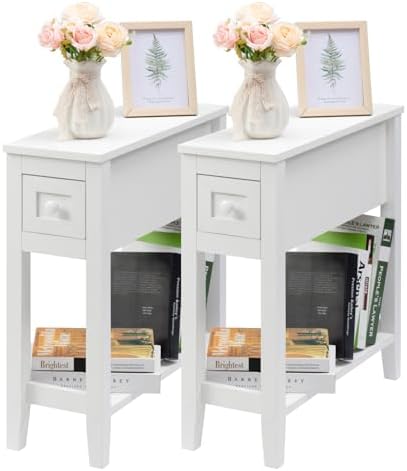 Narrow Side Table for Small Spaces, White Table with Drawer, Slim Bed Table/Night Stand Set of 2, Couch Table