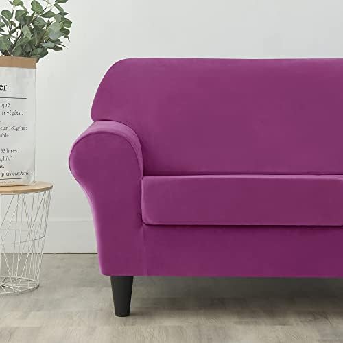 OBCREAT 4 Pieces Sofa Slipcover Stretch Velvet Sofa Covers for 3 Cushion Couch Soft Couch Cover with Elastic Bottom Non Slip Furniture Protector for Pets Kids (Purple, Large)
