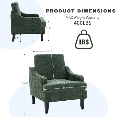 Accent Chair for Living Room,Mid-Century Arm Chair Chenille Fabric Living Room Chairs,Upholstered Reading Chair for Bedroom,Single Sofa Chair with Wood Legs for Apartment (Green)