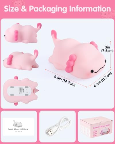 Fuloon Axolotl Night Light, 3-Level Dimming Silicone Touch Lamp with Rechargeable Battery & 30-Min Auto Timer, Cute Squishy Unicorn Whale Desk Decor, Funny White Elephant Gift for Adults Teens Kids