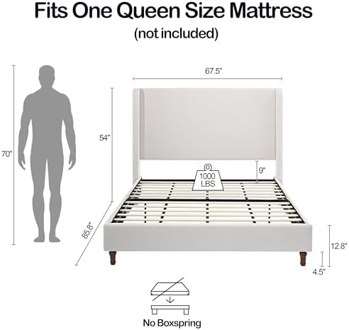 Queen 54" Tall Headboard Wingback Upholstered Platform Bed Frame Elegant Simplicity Textured Canvas for Bedroom Strong Wood Slats Support No Box Spring Needed Easy Assembly No Noise Ivory
