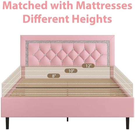 BarnFurin Queen Bed Frame with Tufted Button Headboard, Pink