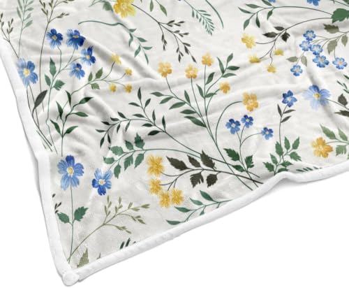 Spring Floral Throw - Blue & Yellow Watercolor Floral Blanket for Couch Sofa Camping, Farmhouse Cottagecore Flowers Bedding Decor, Soft Warm Flannel Throw for Women Girls, 30X40